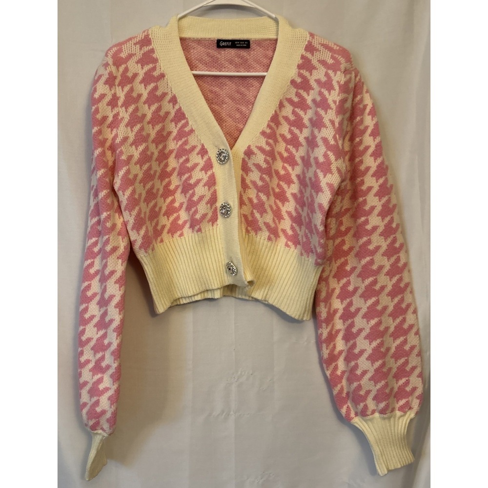 Pink & Ivory houndstooth Cropped Button Front Cardigan Sweater Wide Sleeve M